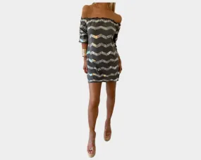 Grey & Silver Metallic Sequins Off Shoulder Dress - The Ibiza Nuit