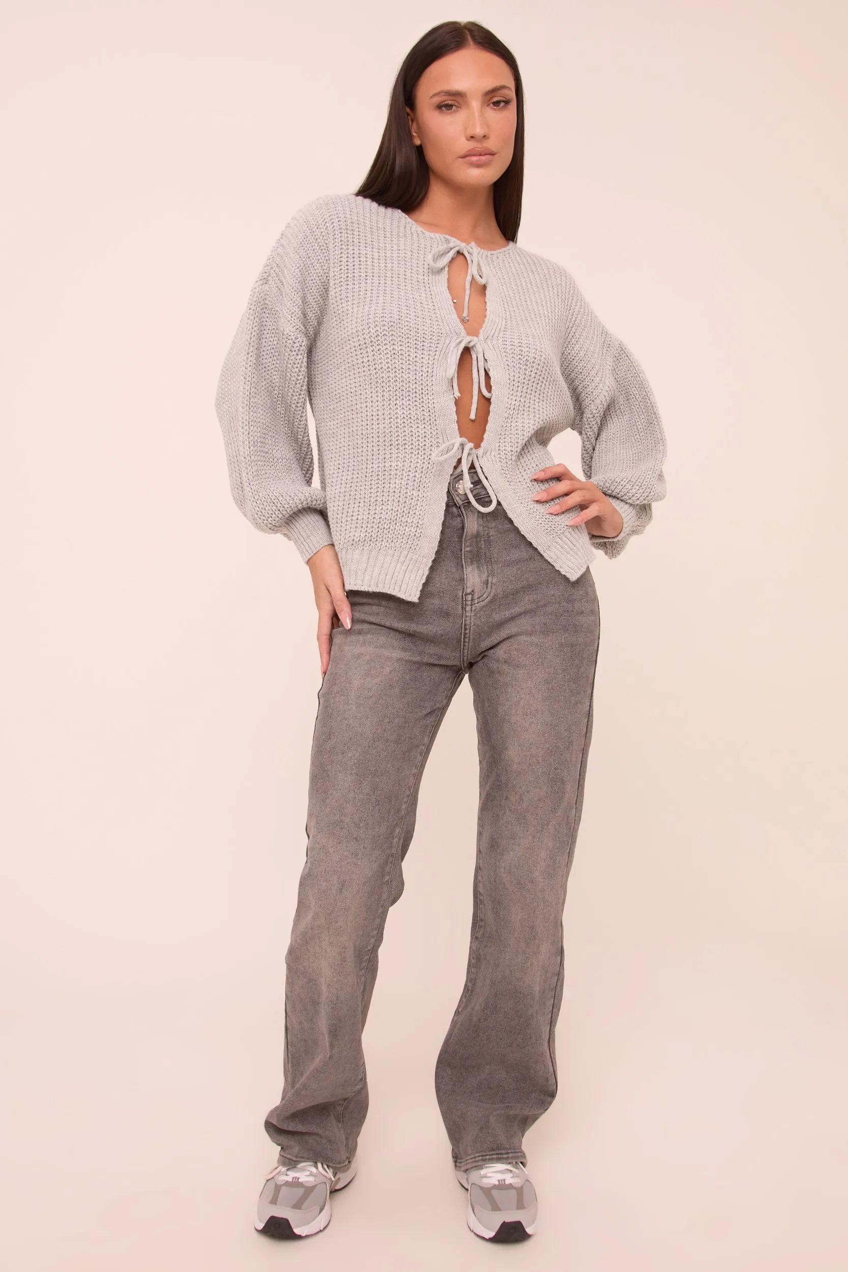 Grey Knit Tie Front Detail Long Sleeves Cardigan - Ava