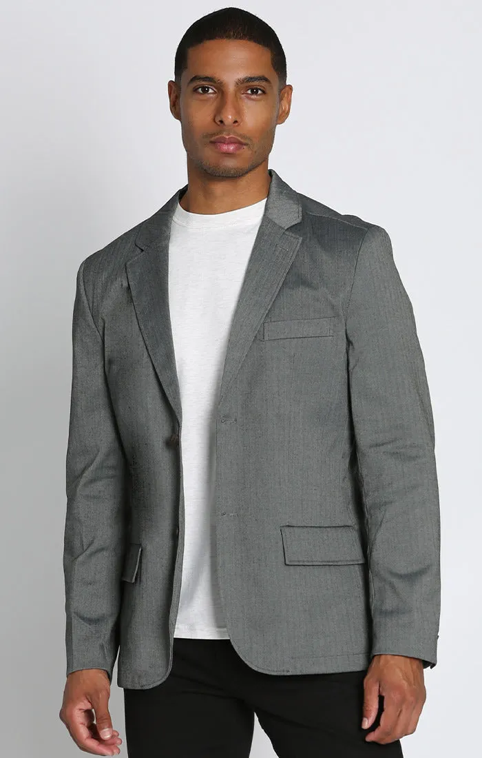 Grey Rayon Blend Stretch Herringbone Blazer