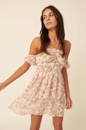 Heart Bloom Floral Chiffon Halter Mini Dress
