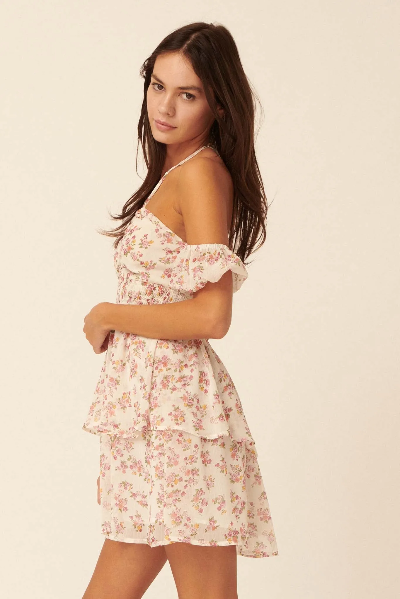 Heart Bloom Floral Chiffon Halter Mini Dress