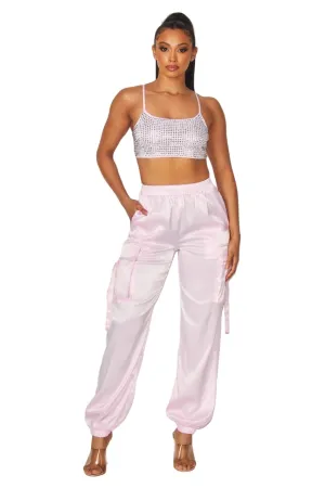 Hot & Delicious Women's My Life Rhinestone Satin Cargo Cami Crop Top