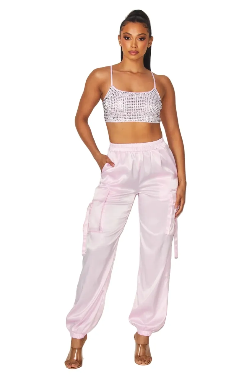 Hot & Delicious Women's My Life Rhinestone Satin Cargo Cami Crop Top
