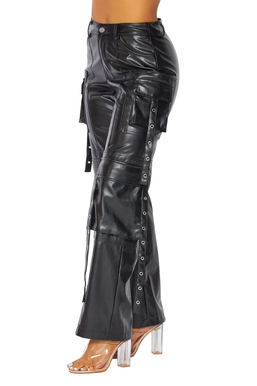 Hot & Delicious Women's No Control Faux Leather Straight Leg Cargo Pants