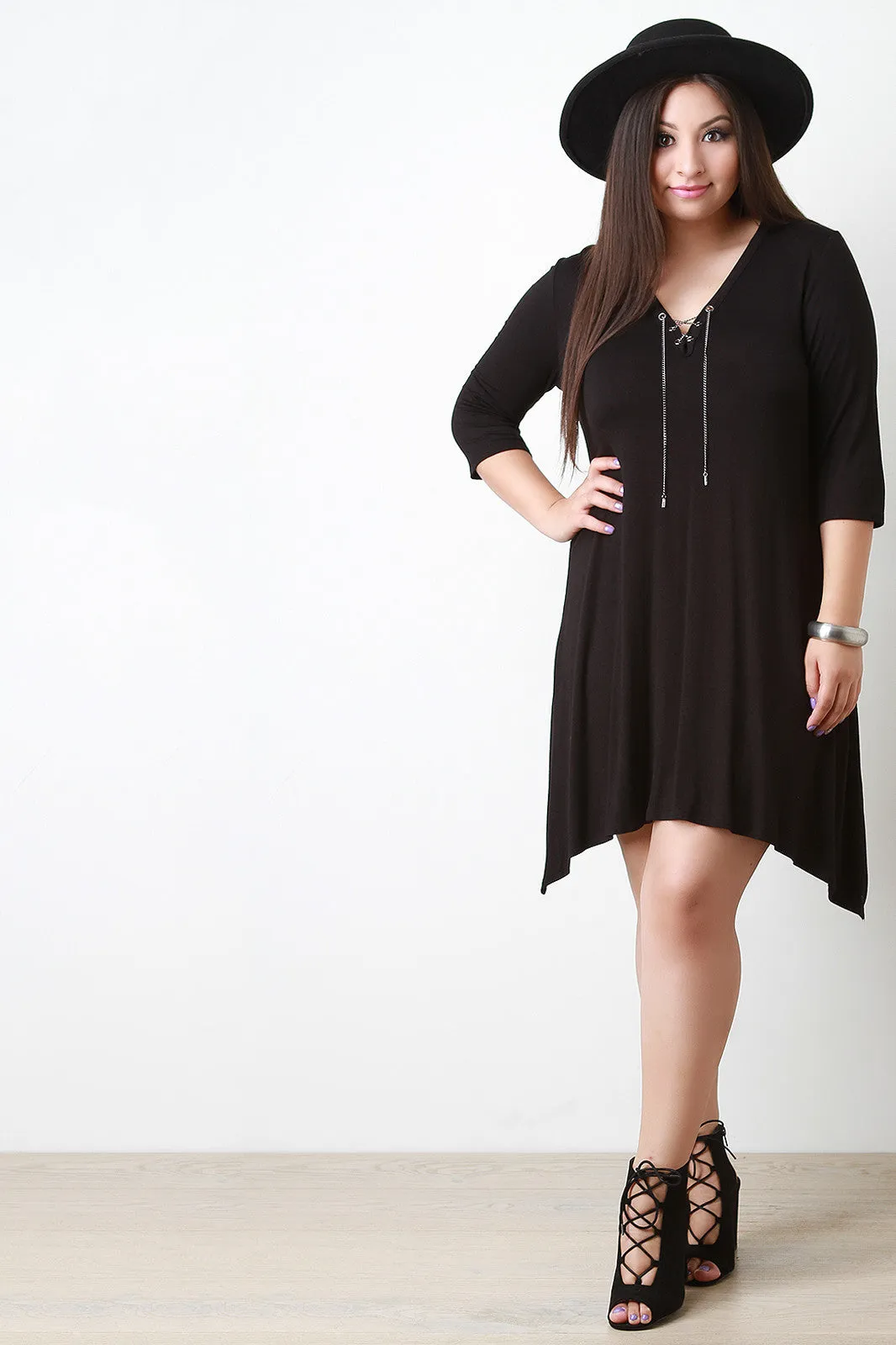 Jersey Knit Quarter Sleeves Sharkbite Dress