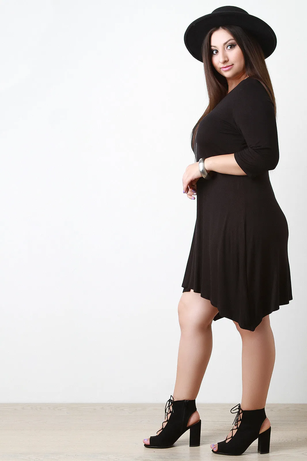 Jersey Knit Quarter Sleeves Sharkbite Dress