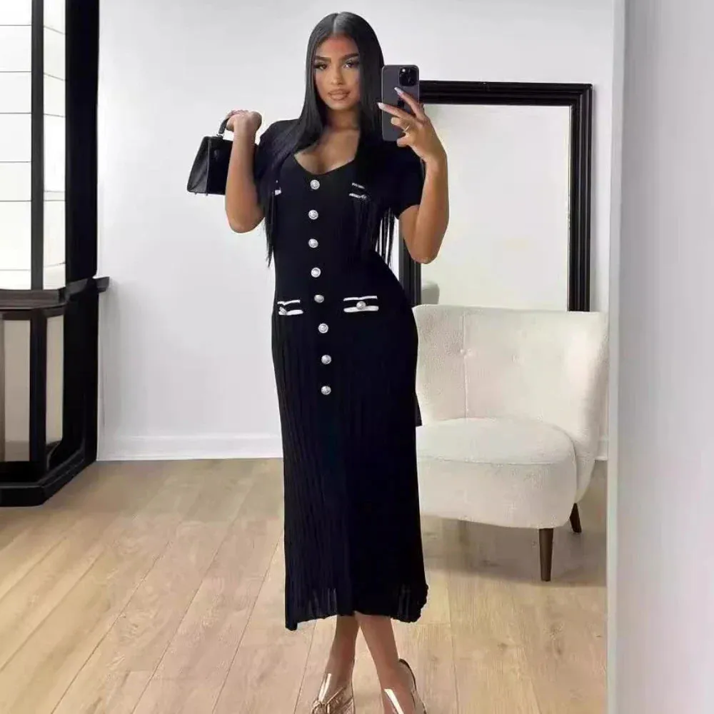 Joskaa Summer Knitted Long Dress Women Elegant Short Sleeve V-neck Slim Party Dresses Fashion Button Solid Basic Maxi Dresses 2024 New