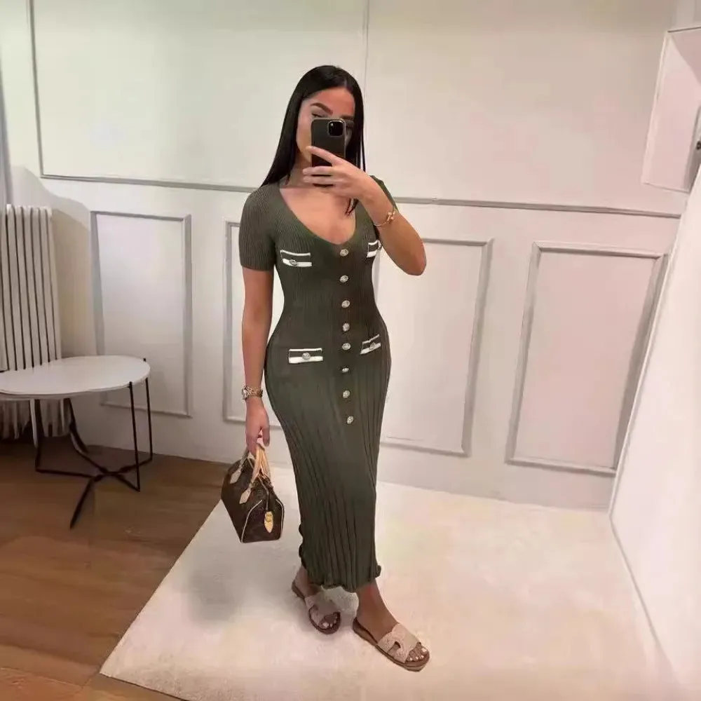 Joskaa Summer Knitted Long Dress Women Elegant Short Sleeve V-neck Slim Party Dresses Fashion Button Solid Basic Maxi Dresses 2024 New