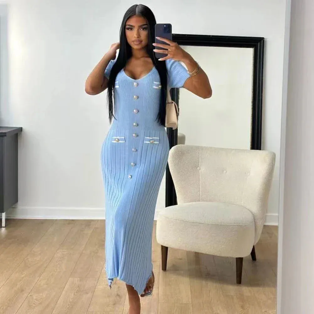 Joskaa Summer Knitted Long Dress Women Elegant Short Sleeve V-neck Slim Party Dresses Fashion Button Solid Basic Maxi Dresses 2024 New