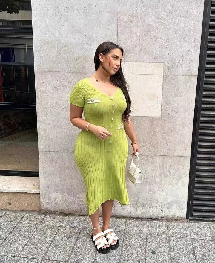 Joskaa Summer Knitted Long Dress Women Elegant Short Sleeve V-neck Slim Party Dresses Fashion Button Solid Basic Maxi Dresses 2024 New