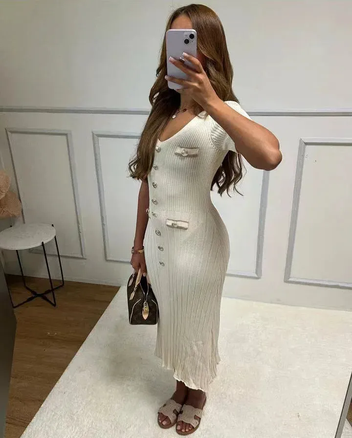Joskaa Summer Knitted Long Dress Women Elegant Short Sleeve V-neck Slim Party Dresses Fashion Button Solid Basic Maxi Dresses 2024 New