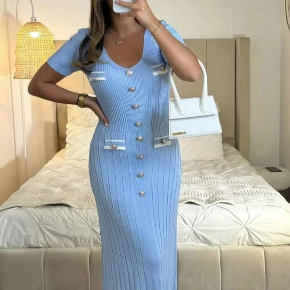 Joskaa Summer Knitted Long Dress Women Elegant Short Sleeve V-neck Slim Party Dresses Fashion Button Solid Basic Maxi Dresses 2024 New