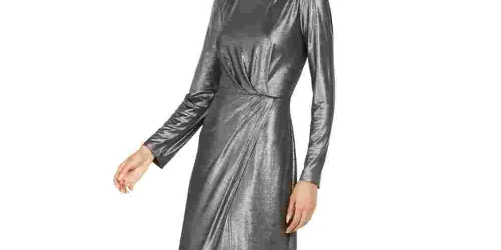 Julia Jordan Women's Metallic Front Slit Long Sleeve Knit Maxi Dress Silver Size 2