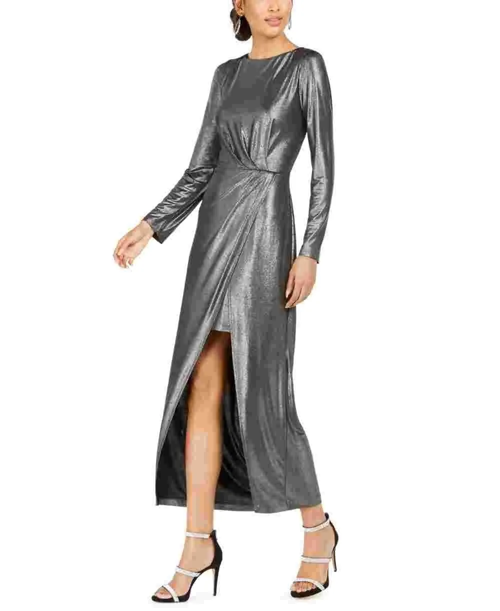 Julia Jordan Women's Metallic Front Slit Long Sleeve Knit Maxi Dress Silver Size 2