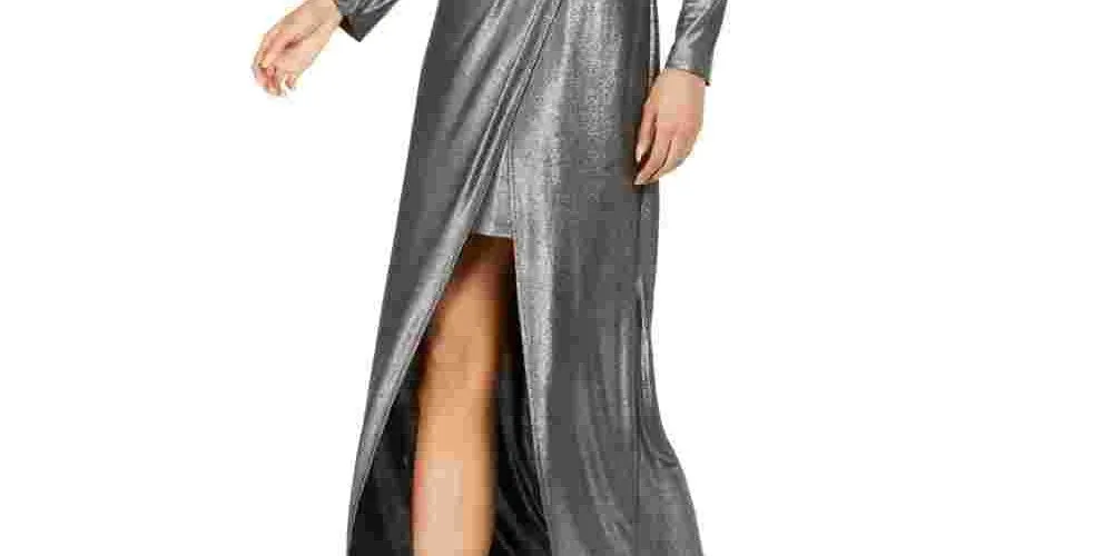 Julia Jordan Women's Metallic Front Slit Long Sleeve Knit Maxi Dress Silver Size 2