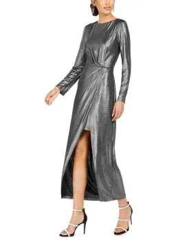 Julia Jordan Women's Metallic Front Slit Long Sleeve Knit Maxi Dress Silver Size 2
