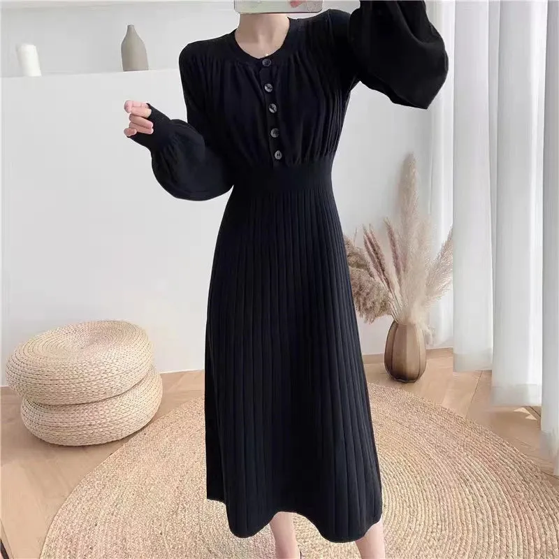 Korean Fashion O-neck Button Slim Knitted Dress Solid Color Simple Long Sleeve Long Sweater Dresses All-match Soft Dresses Women