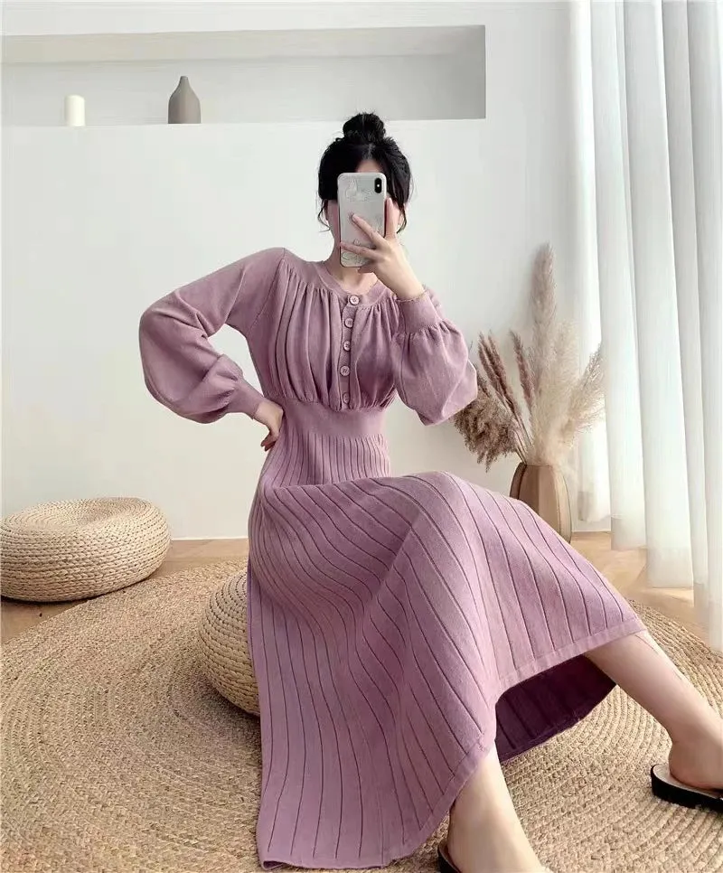 Korean Fashion O-neck Button Slim Knitted Dress Solid Color Simple Long Sleeve Long Sweater Dresses All-match Soft Dresses Women
