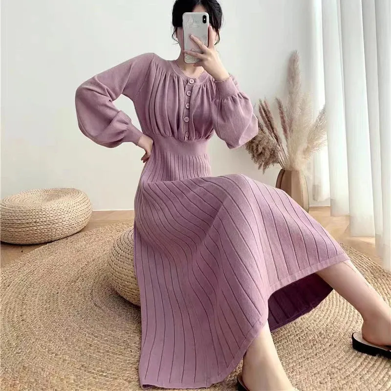 Korean Fashion O-neck Button Slim Knitted Dress Solid Color Simple Long Sleeve Long Sweater Dresses All-match Soft Dresses Women
