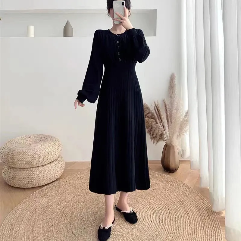 Korean Fashion O-neck Button Slim Knitted Dress Solid Color Simple Long Sleeve Long Sweater Dresses All-match Soft Dresses Women
