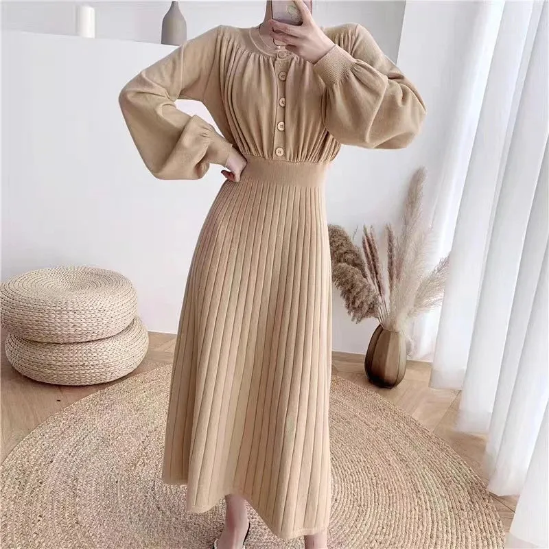 Korean Fashion O-neck Button Slim Knitted Dress Solid Color Simple Long Sleeve Long Sweater Dresses All-match Soft Dresses Women