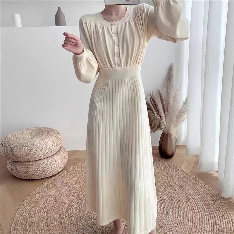 Korean Fashion O-neck Button Slim Knitted Dress Solid Color Simple Long Sleeve Long Sweater Dresses All-match Soft Dresses Women