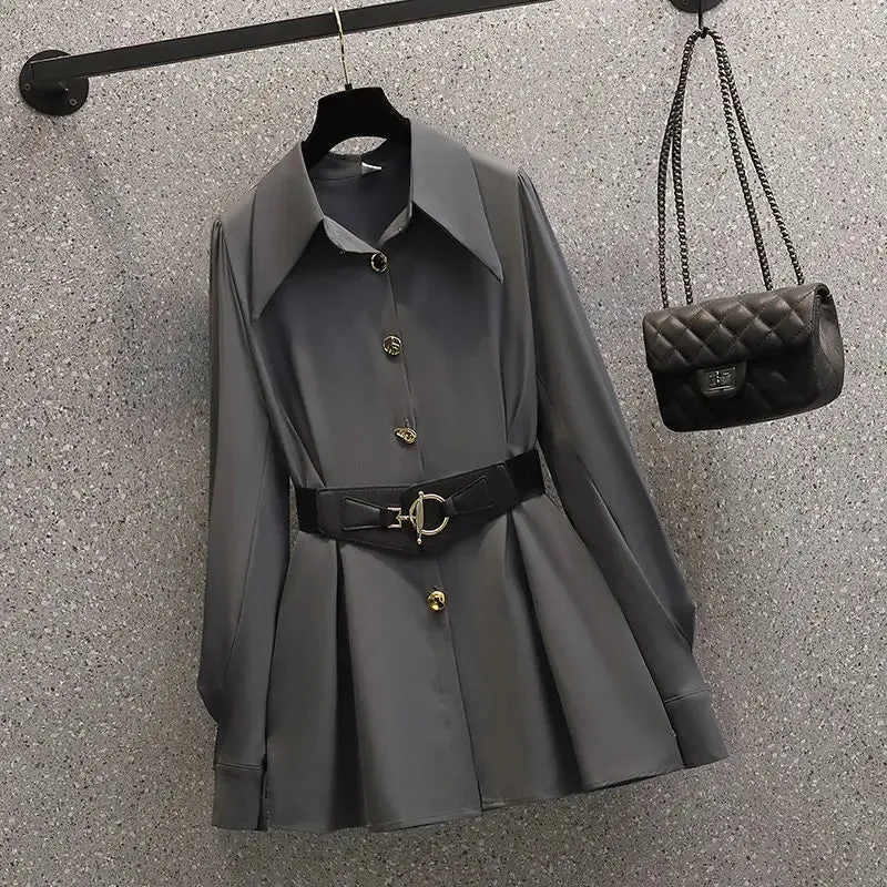 LANFUBEISI Korean Fashion Elegant Women's Pants Suit Casual Chiffon Shirt Personalized Waist Chain Trousers Two-piece Set Female Blazer
