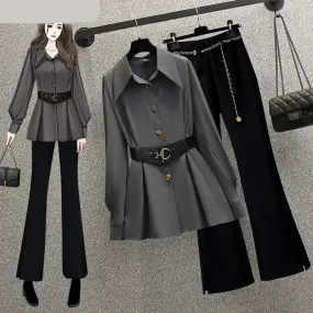 LANFUBEISI Korean Fashion Elegant Women's Pants Suit Casual Chiffon Shirt Personalized Waist Chain Trousers Two-piece Set Female Blazer