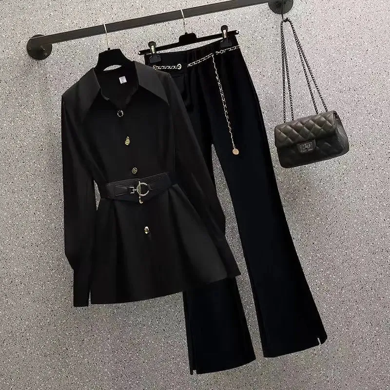 LANFUBEISI Korean Fashion Elegant Women's Pants Suit Casual Chiffon Shirt Personalized Waist Chain Trousers Two-piece Set Female Blazer