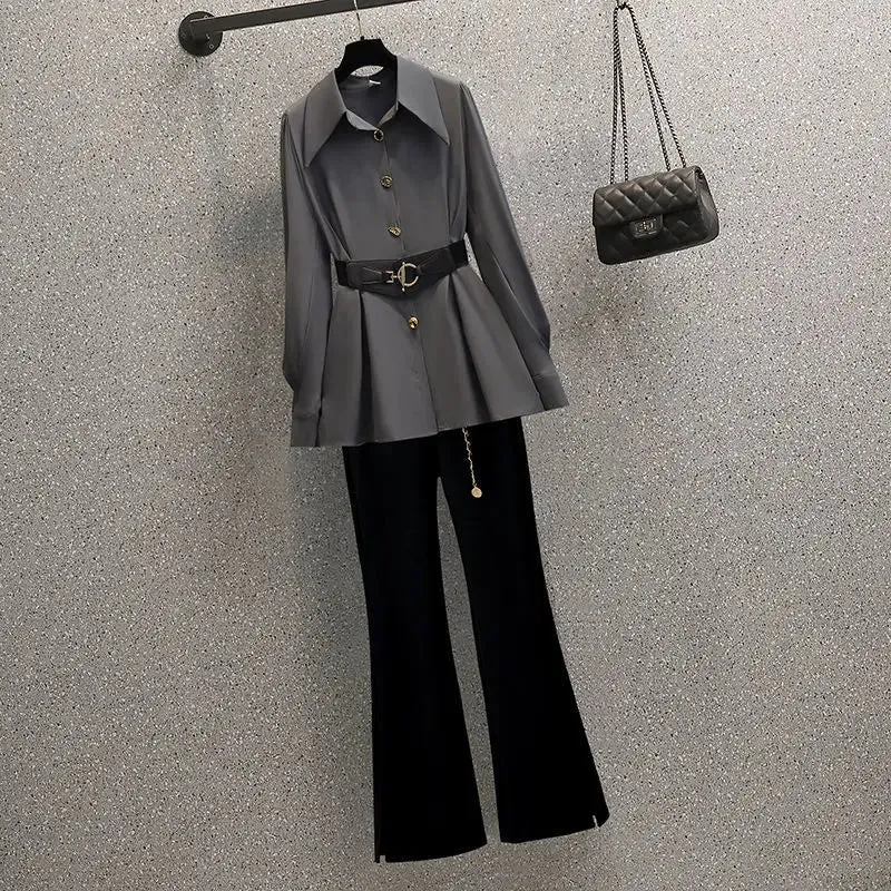 LANFUBEISI Korean Fashion Elegant Women's Pants Suit Casual Chiffon Shirt Personalized Waist Chain Trousers Two-piece Set Female Blazer