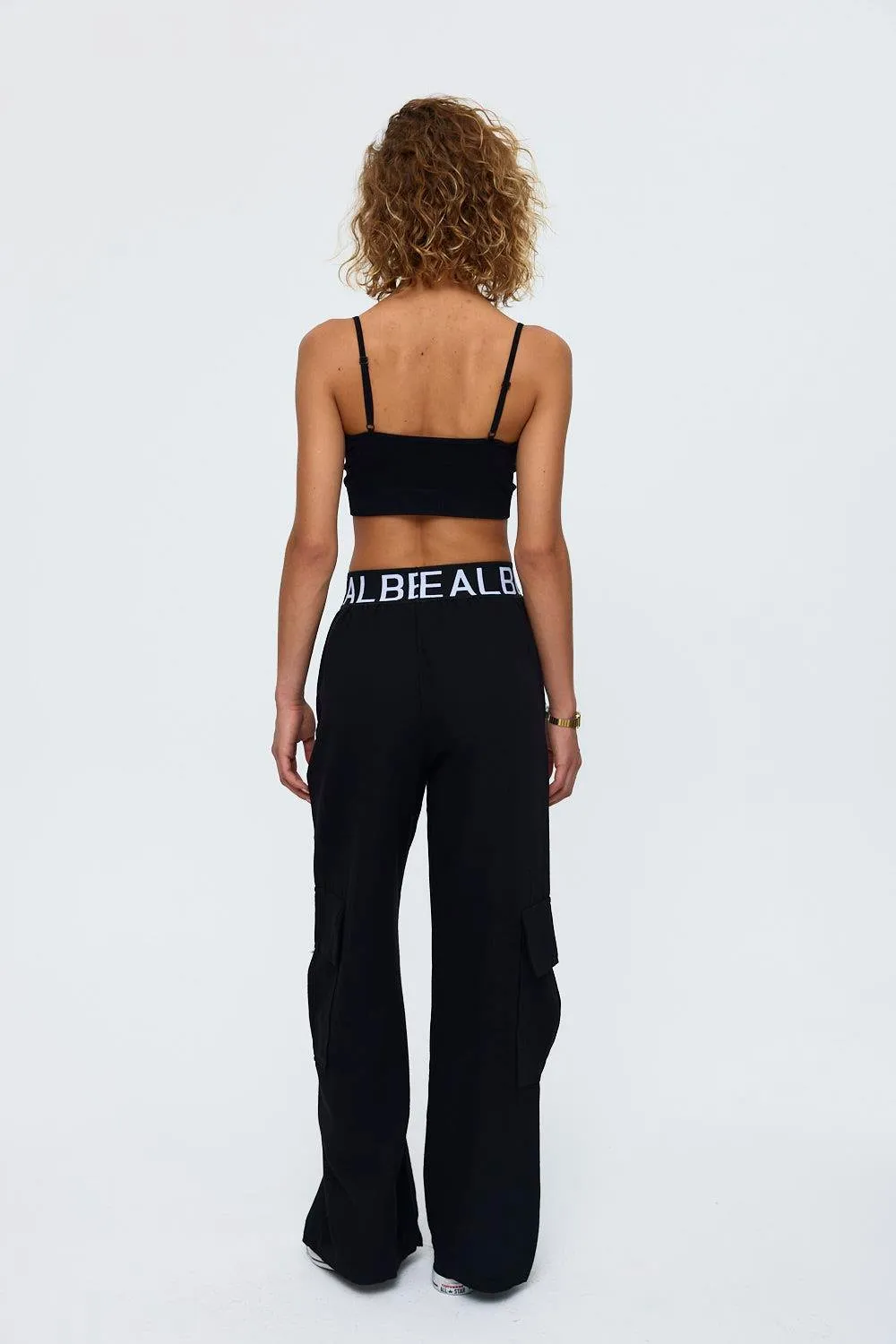 Linen Blended Cargo Black Women's Trousers