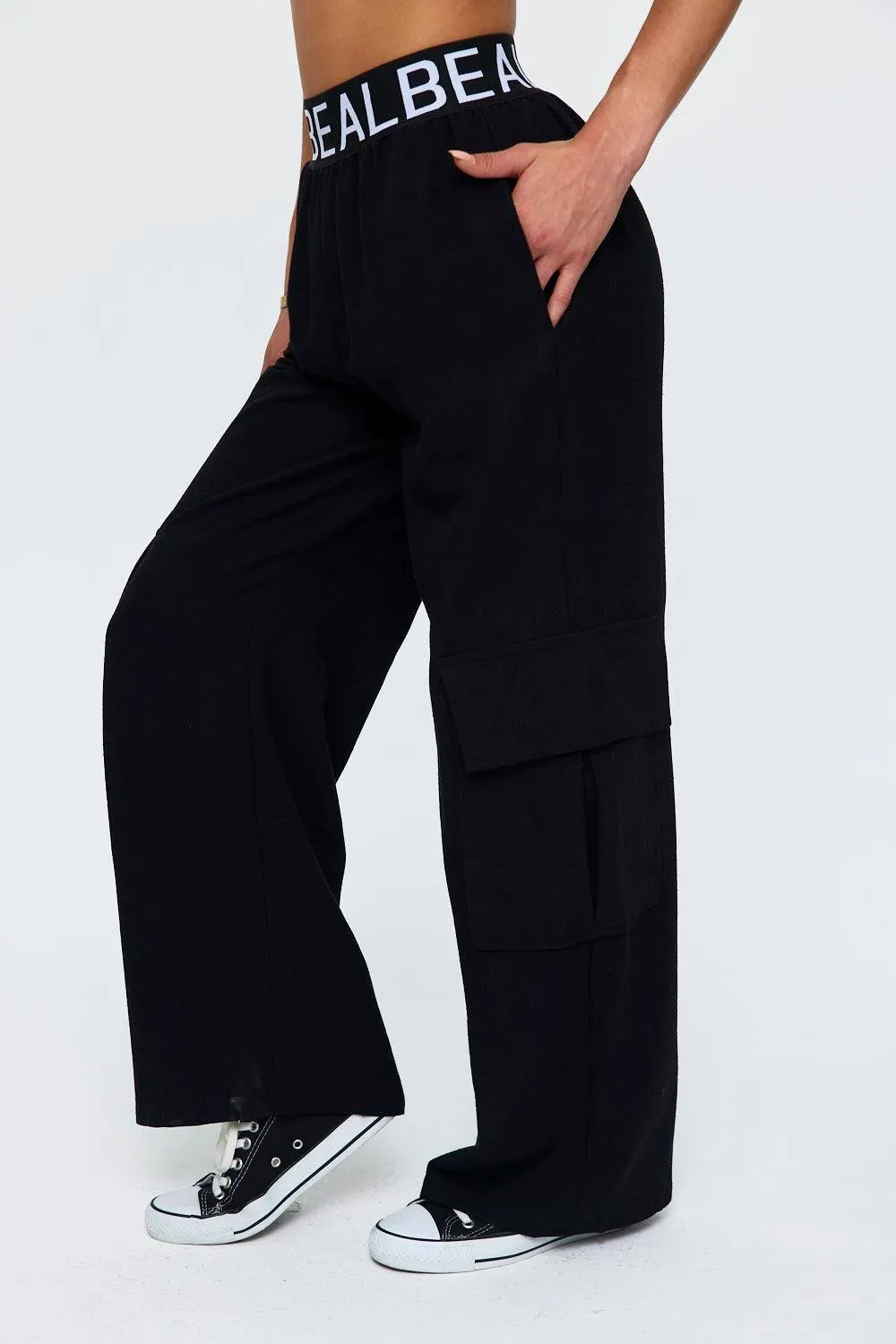 Linen Blended Cargo Black Women's Trousers