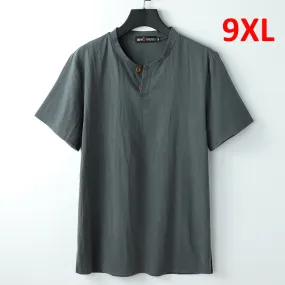 Linen T-shirt Men Summer Solid Color Tshirt Fashion Casual Linen Tees Tops Male Henley Collar T Shirt Plus Size 8XL 9XL