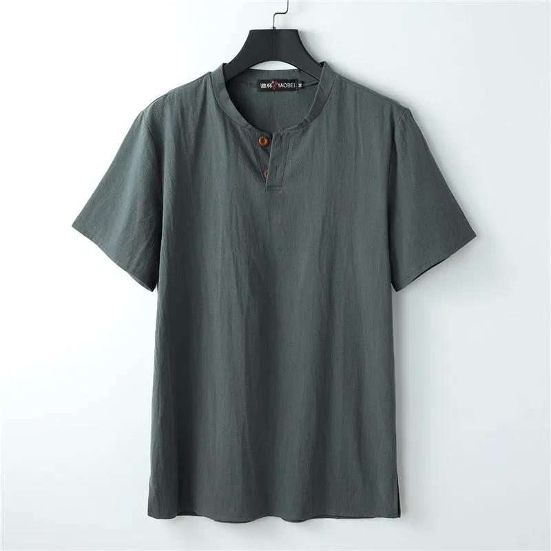 Linen T-shirt Men Summer Solid Color Tshirt Fashion Casual Linen Tees Tops Male Henley Collar T Shirt Plus Size 8XL 9XL