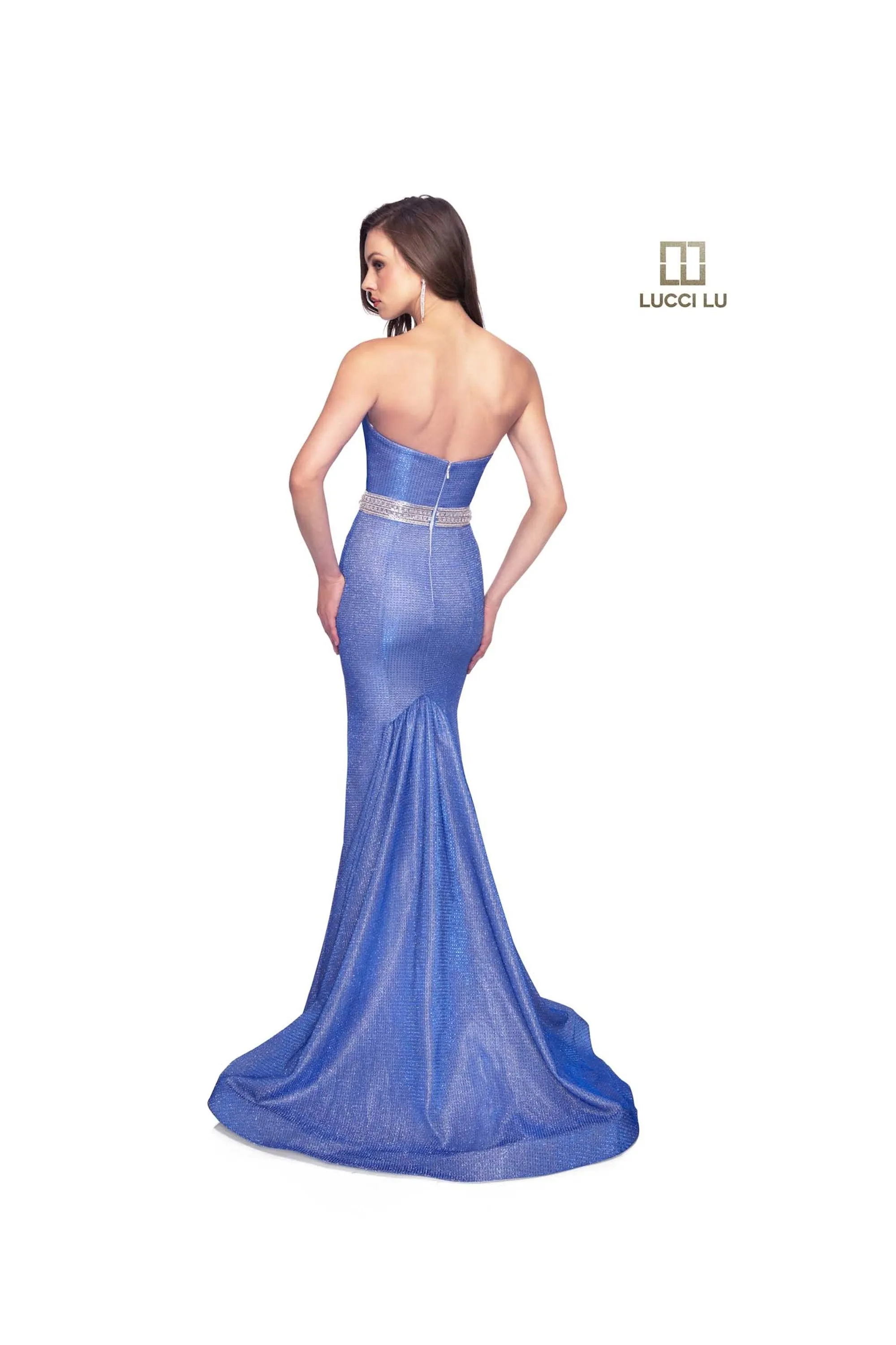 Lucci Lu 28036 Cobalt Strapless Metallic Shimmer Fabric Fit-n-Flare Dress