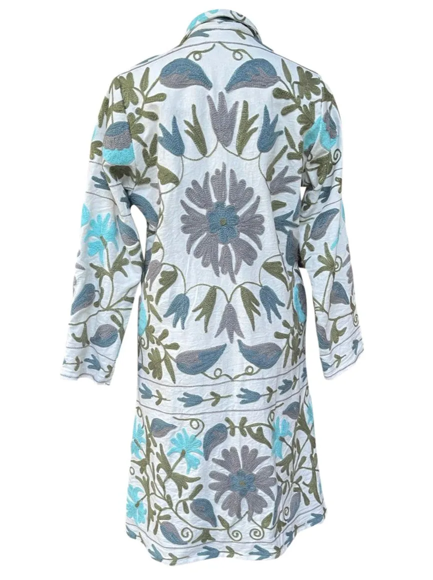 MALIKA COAT - Suzani Embroidery WHITE WITH GRAY & BLUE EMB - MEDIUM