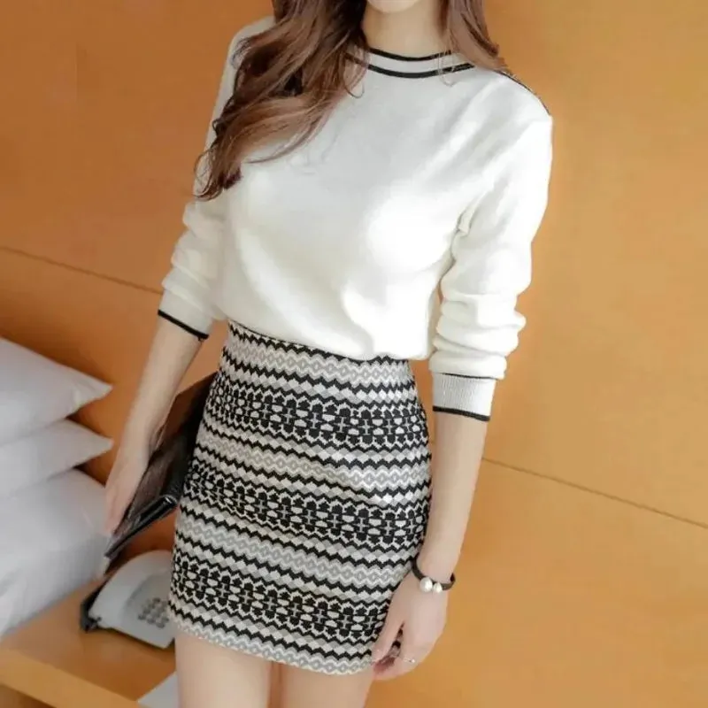 Mature Tweed Knit Crochet Long Sleeve Dress Women's Two Piece Set Formal Occasion Clothing Luxury Festival Co Ord Female Outfits