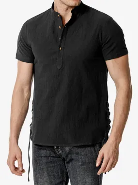 Men's Cotton Casual Henley Collar Beach Short Sleeve Shirt