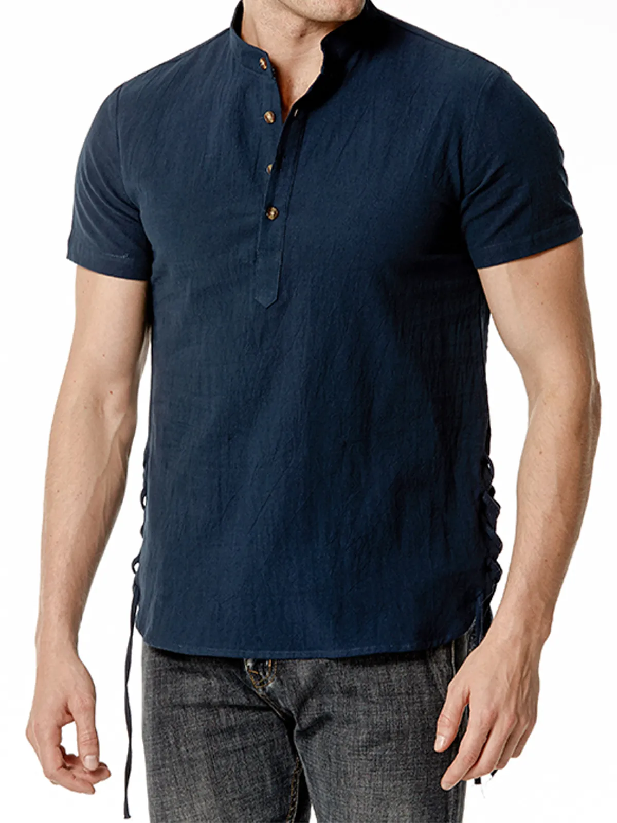 Men's Cotton Casual Henley Collar Beach Short Sleeve Shirt