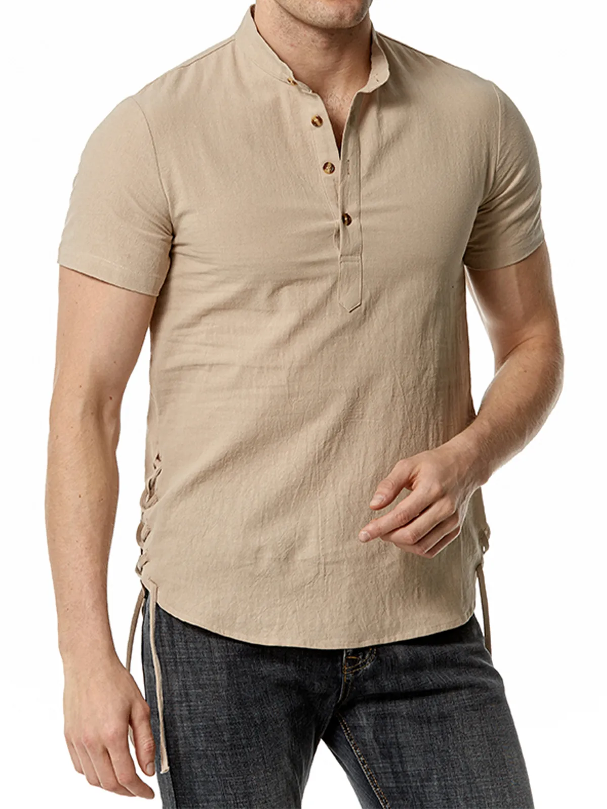 Men's Cotton Casual Henley Collar Beach Short Sleeve Shirt