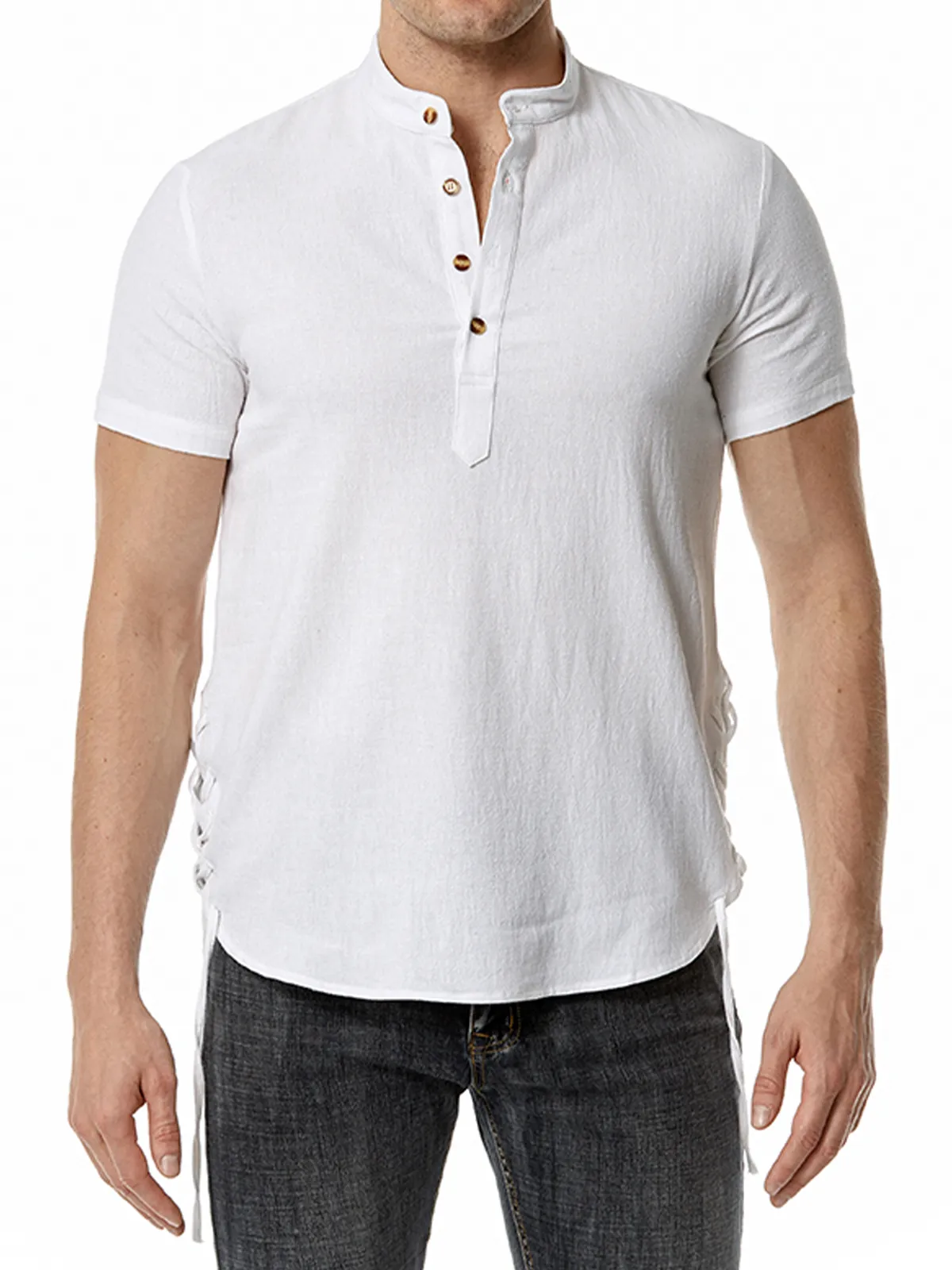 Men's Cotton Casual Henley Collar Beach Short Sleeve Shirt