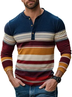 Men's Henley Collar Striped Print Casual Long Sleeve T-Shirt