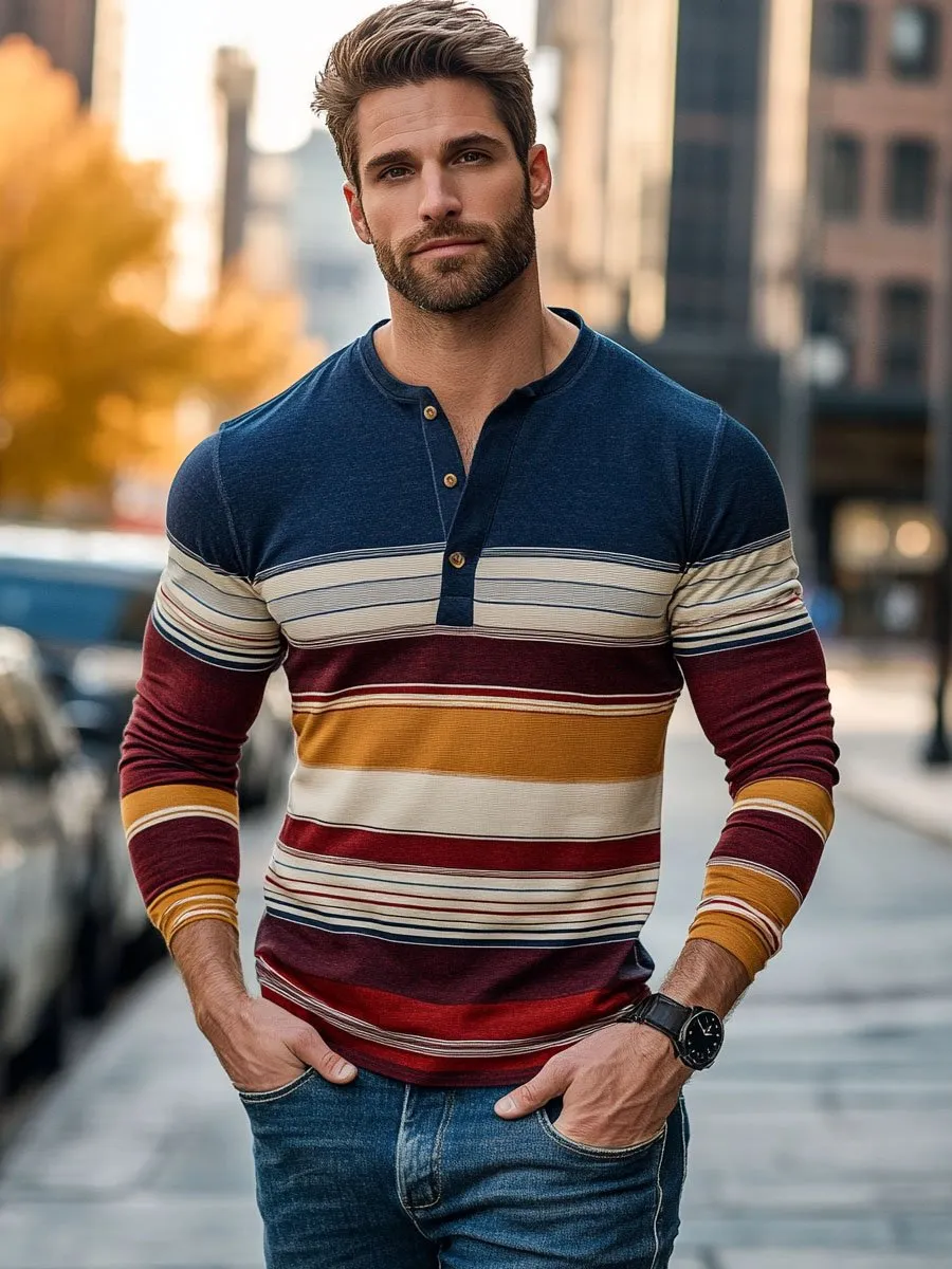Men's Henley Collar Striped Print Casual Long Sleeve T-Shirt