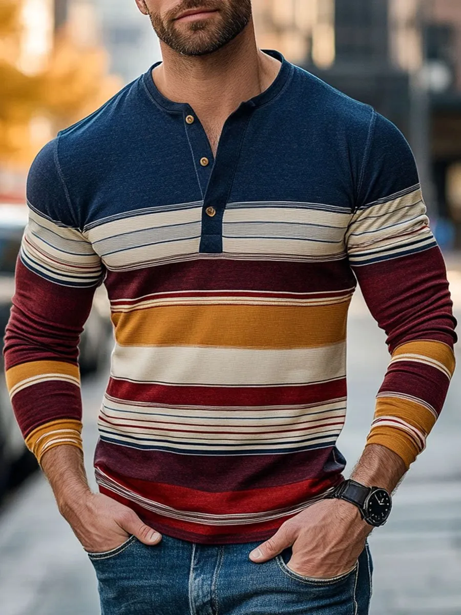 Men's Henley Collar Striped Print Casual Long Sleeve T-Shirt