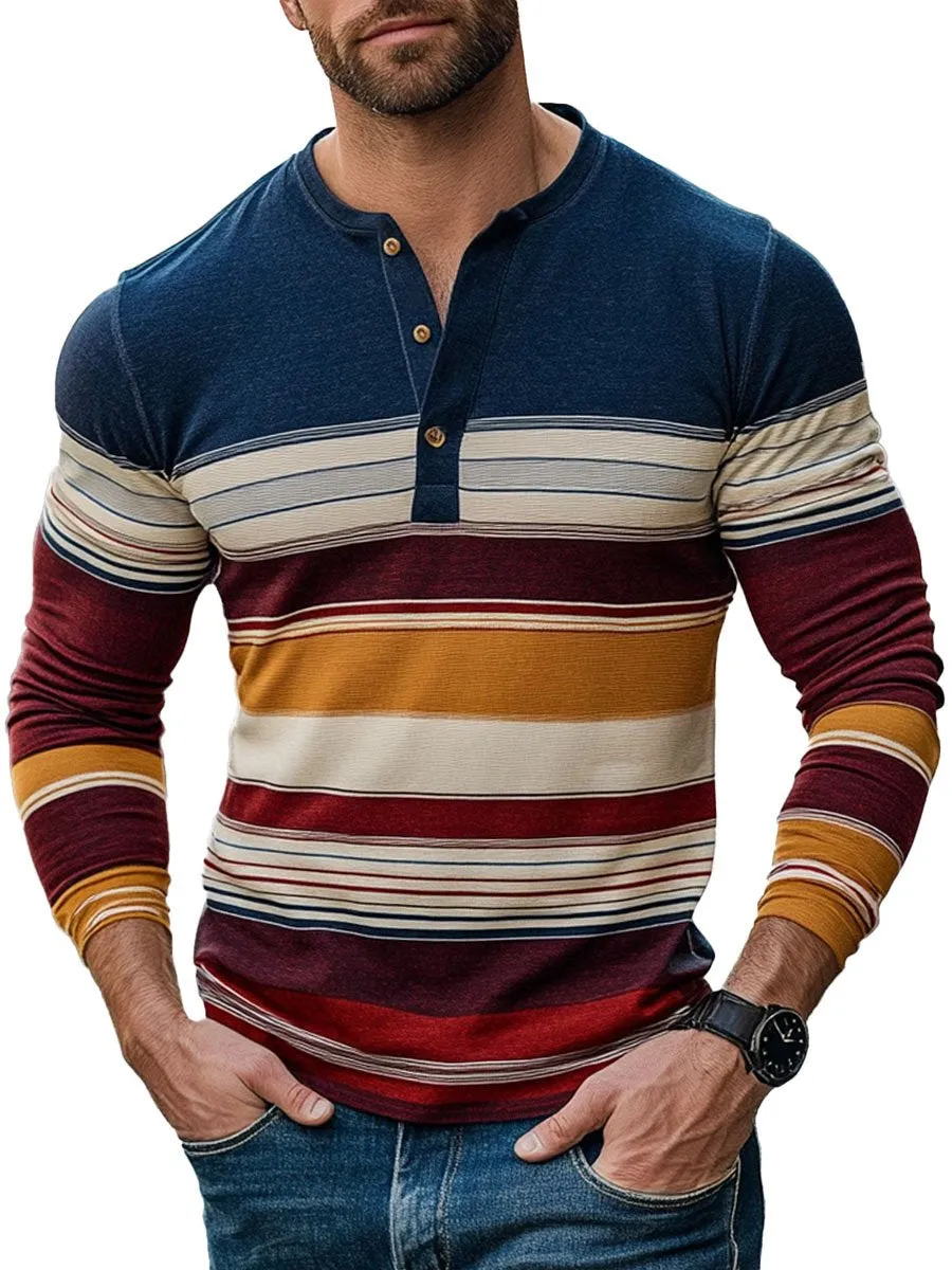 Men's Henley Collar Striped Print Casual Long Sleeve T-Shirt