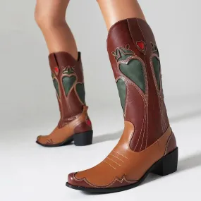 Merendy Chocolate Retro Slip-on embroidered western boots for women