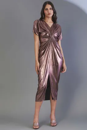 Metallic Fronted Pleated Draped Dress