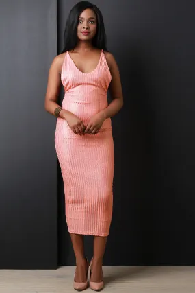 Metallic Ribbed Knit Side Cutout Midi Dress