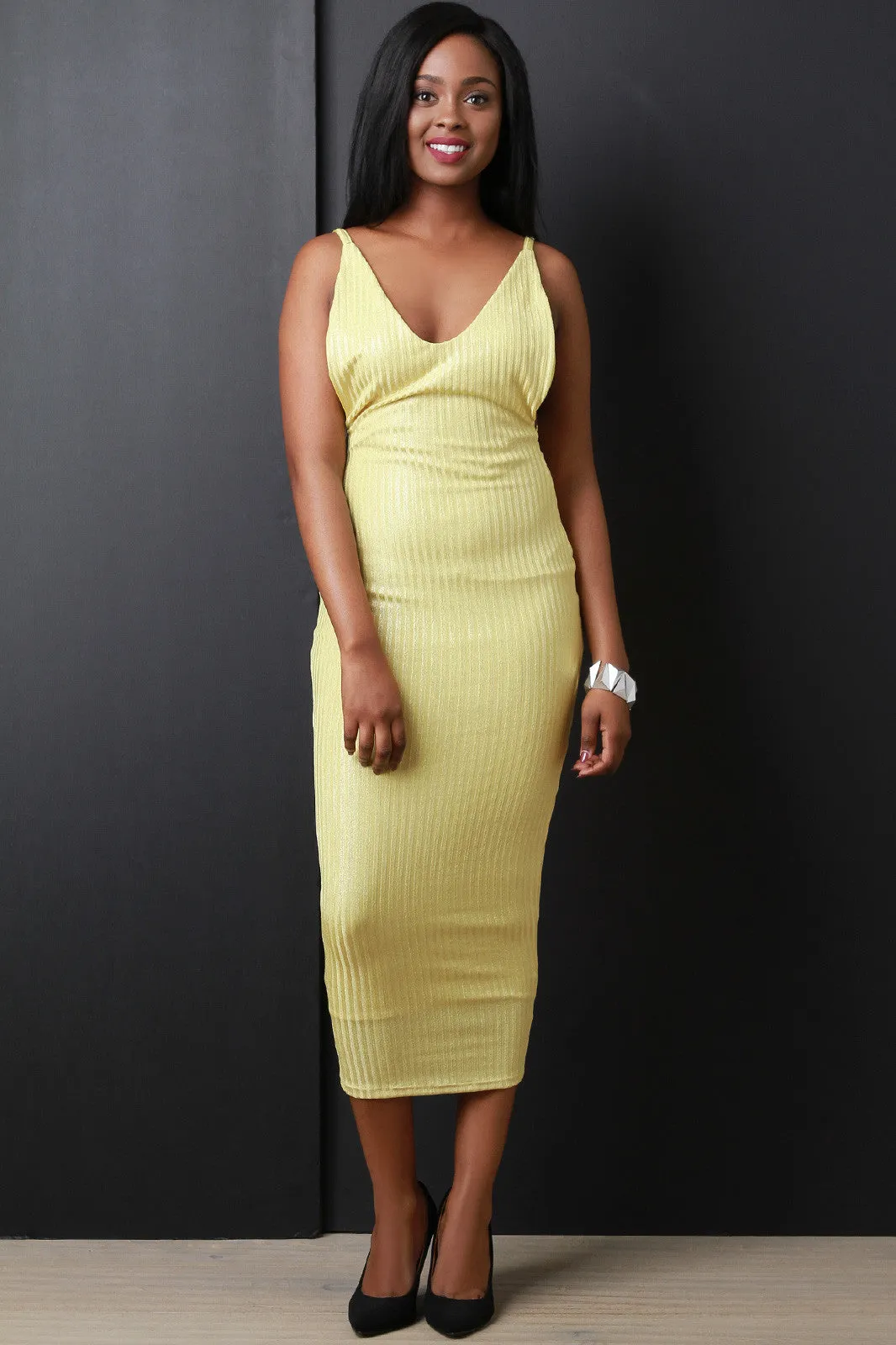 Metallic Ribbed Knit Side Cutout Midi Dress