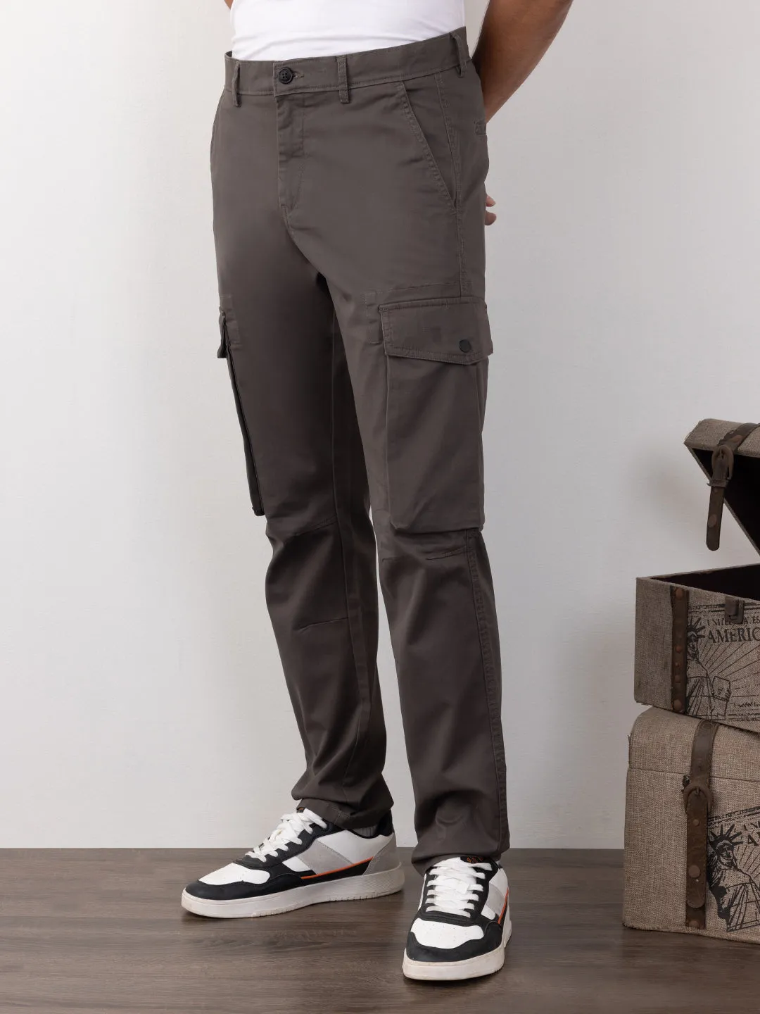Mid Grey Plain Cargo Pants